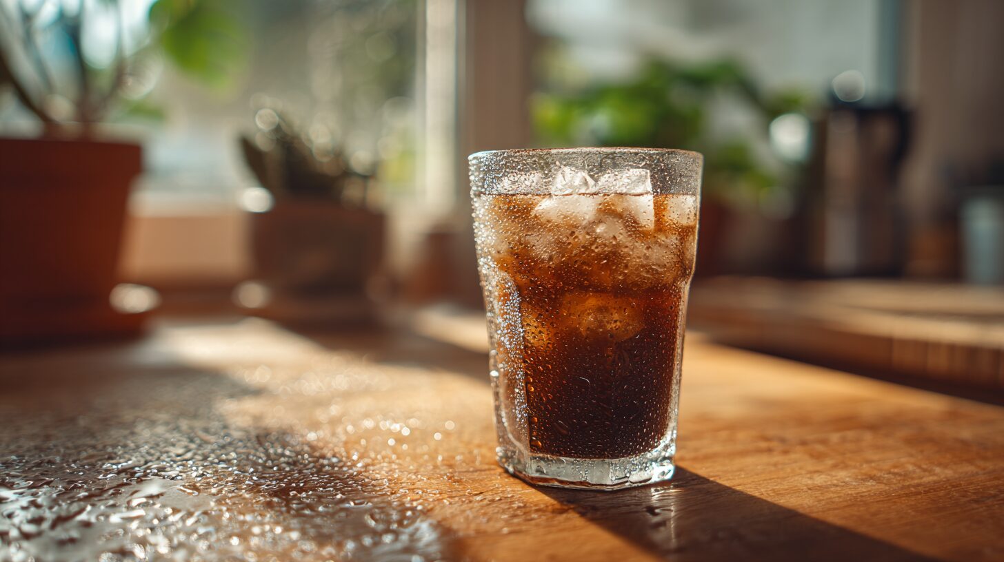 木製のキッチンカウンターに置かれた氷入りアイスコーヒーのグラス