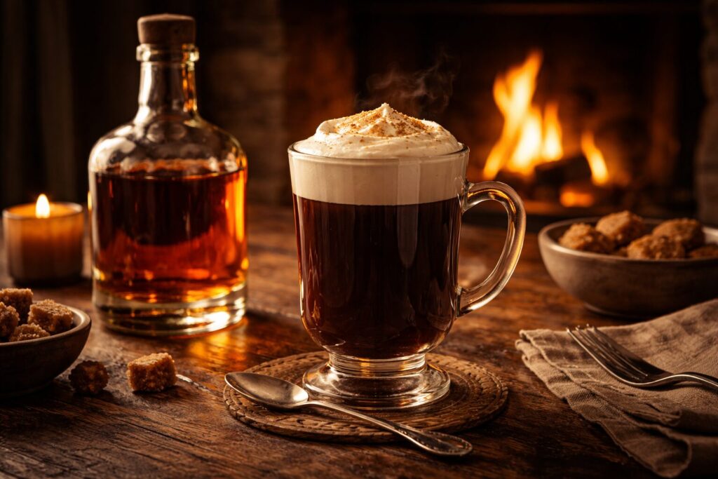 アイリッシュコーヒーとウイスキーのある暖炉のテーブル