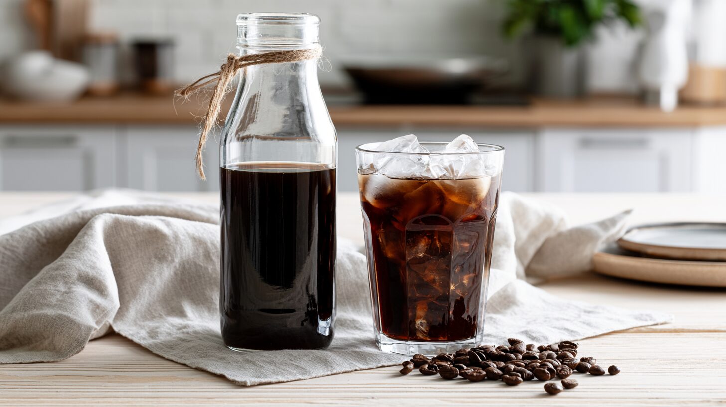ガラス瓶に入った水出しコーヒーとアイスコーヒー