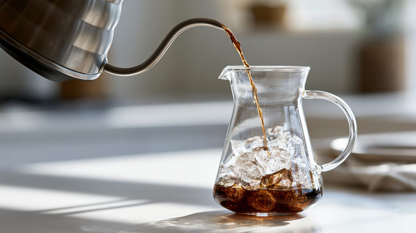ドリップした熱いコーヒーが氷に注がれる急冷式アイスコーヒー