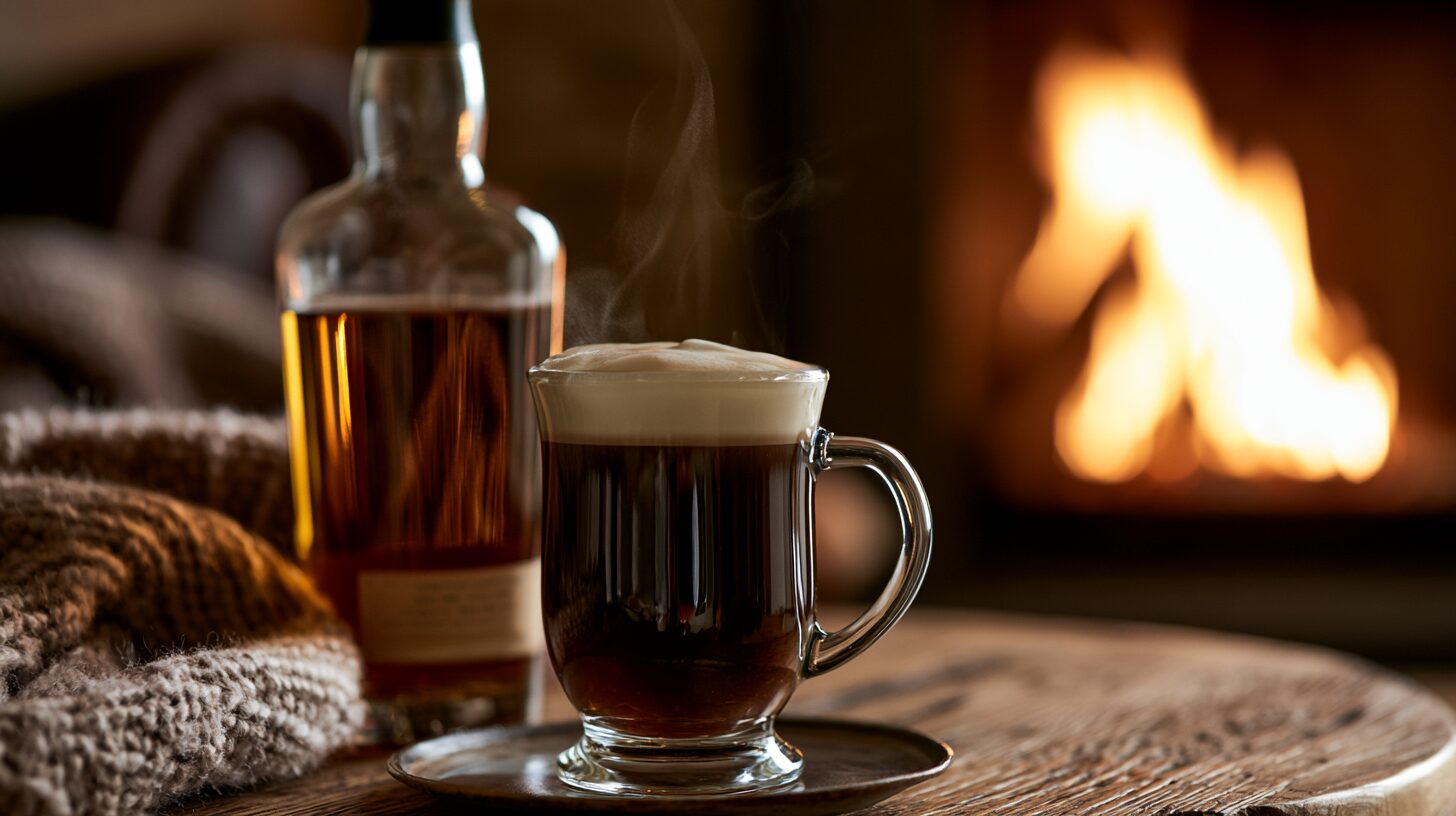 暖炉のそばのアイリッシュコーヒーとウイスキーボトル