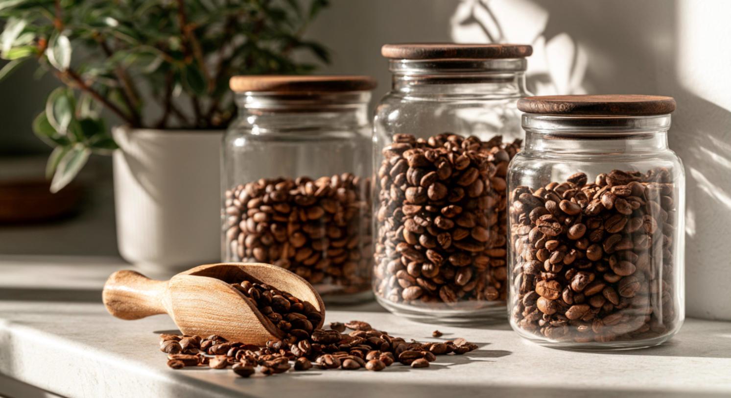 ガラスのキャニスターに保存したコーヒー豆